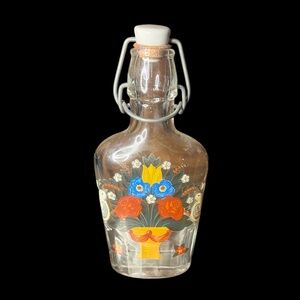 Vintage German Decorative Flip-Top Glass Grolsch with Floral White Bird c1950